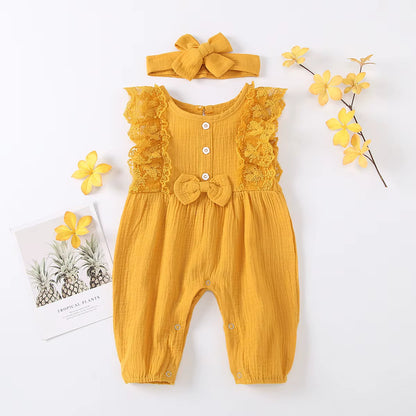 LunaLinen – Baby Girl Cotton Romper & Headdress Set